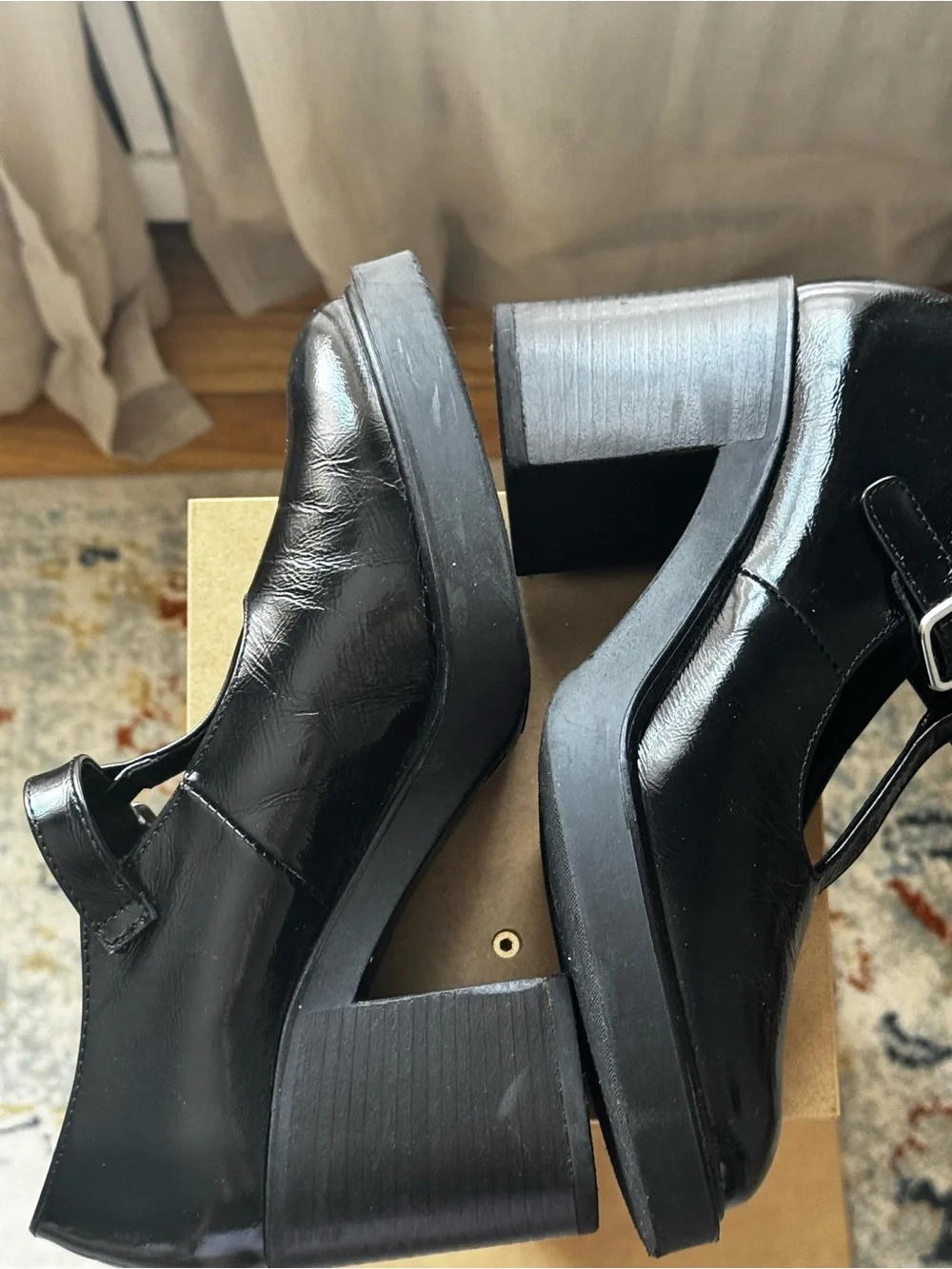 Maeve Black Patent T-Strap Mary Janes with Silver Buckles